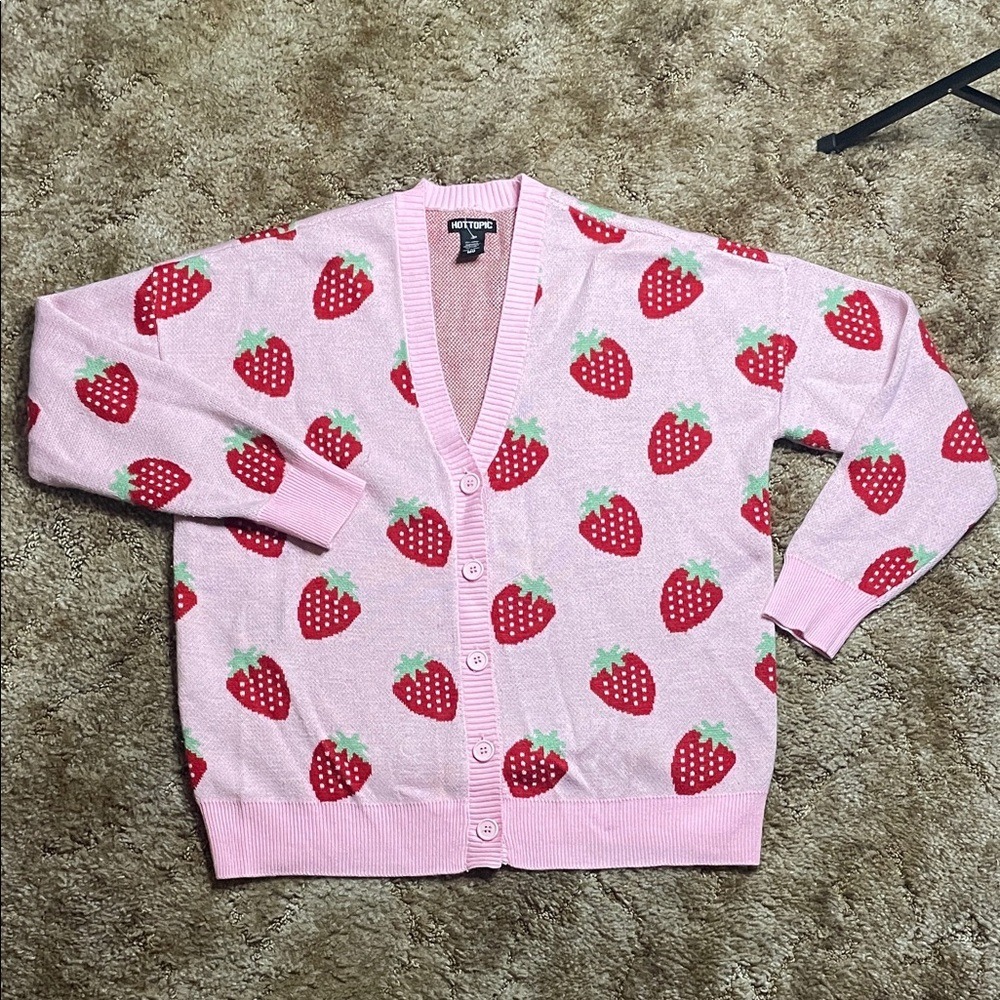 Hot Topic Pink Strawberry Button-Front Woman's‎ Cardigan Oversized Fit